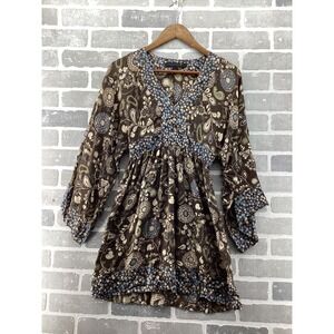 Express Design Studio Silk Paisley Floral Tunic Top Brown Blue Y2K Bell Sleeve S